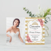 キンセアニェラパーティーと写真 – 金ゴールド赤面ピンク 招待状 (スタンド正面)