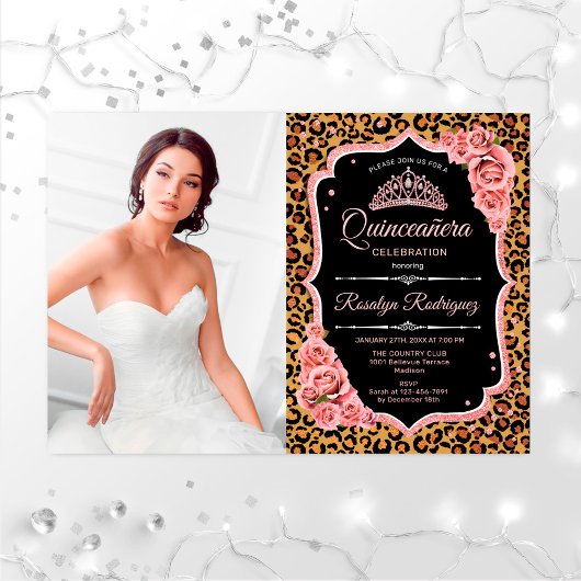 キンセアニェラパーティーと写真 – Leopardバラ金ゴールド 招待状