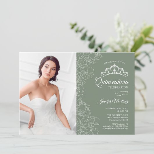 キンセアニェラパーティーと写真 – Sage Greenフローラ 招待状 (スタンド正面)