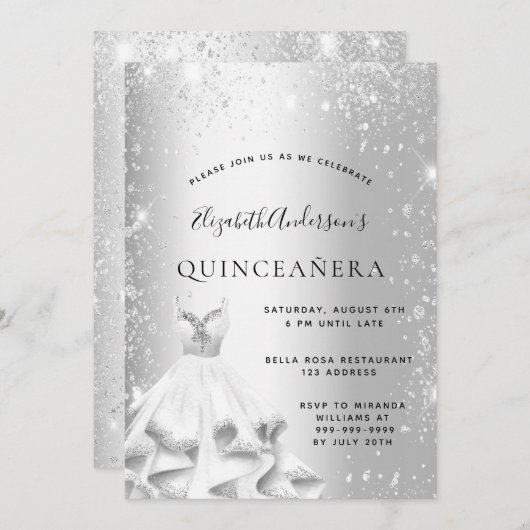 キンセアニェラパーティーシルバードレスグリッター 招待状 (正面/裏面)