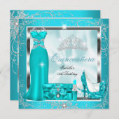 キンセアニェラパーティーティール(緑がかった色)ブルーシルバースノーフレークS4 招待状 (正面/裏面)
