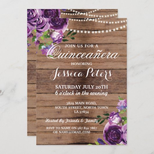 キンセアニェラパーティーパープルウッドフラワーズ招待状15th 招待状 (正面/裏面)
