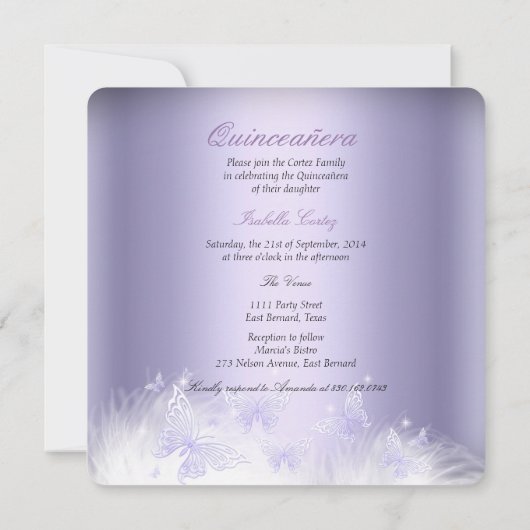 キンセアニェラパーティーパープルティアラバタフライ 招待状 (裏面)