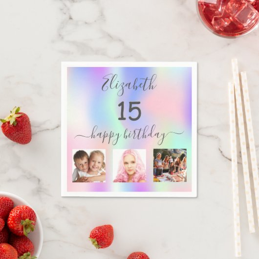 キンセアニェラパーティーピンクパープルフォトホログラフィック スタンダードカクテルナプキン (インサイチュ)