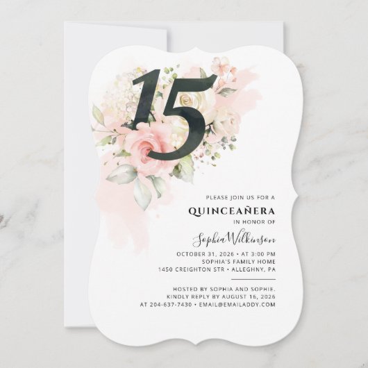 キンセアニェラパーティーピンクフローラ15誕生日 招待状 (正面)