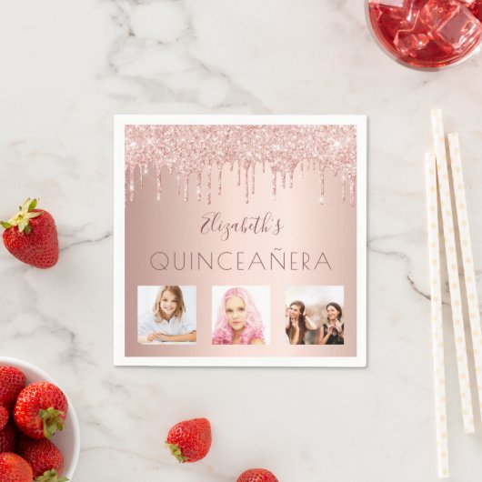 キンセアニェラパーティーフォトバラ金ゴールドピンクの滴 スタンダードカクテルナプキン (インサイチュ)