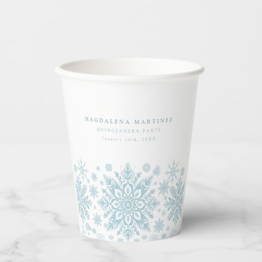 キンセアニェラパーティーブルーホワイトスノーフレークカスタム 紙コップ (正面)