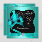 キンセアニェラパーティーマスカレードティール(緑がかった色)ブラック 招待状 (正面/裏面)