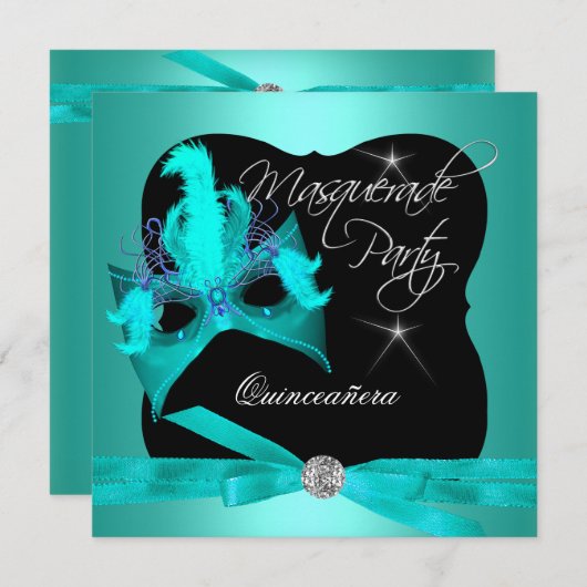 キンセアニェラパーティーマスカレードティール（緑がかった色）ブラック 招待状 (正面/裏面)