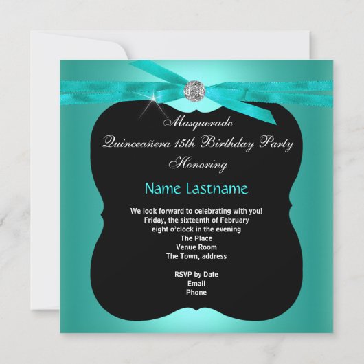 キンセアニェラパーティーマスカレードティール（緑がかった色）ブラック 招待状 (裏面)