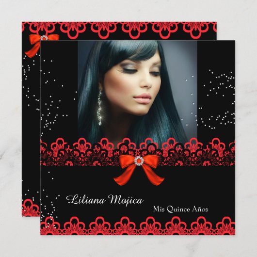 キンセアニェラパーティーレッドレースジュエルボウ2 招待状 (正面/裏面)