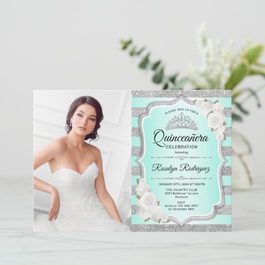 キンセアニェラパーティー写真付き – シルバーターコイズ 招待状 (スタンド正面)
