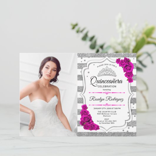 キンセアニェラパーティー写真付き – シルバーホワイトピンク 招待状 (スタンド正面)