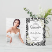 キンセアニェラパーティー写真付き – シルバー白黒 招待状 (スタンド正面)