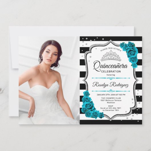 キンセアニェラパーティー写真付き – ティール(緑がかった色)シルバーホワイト 招待状 (正面)