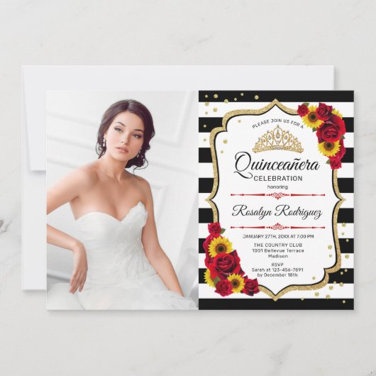 キンセアニェラパーティー写真付き – バラひまわり 招待状 (正面)