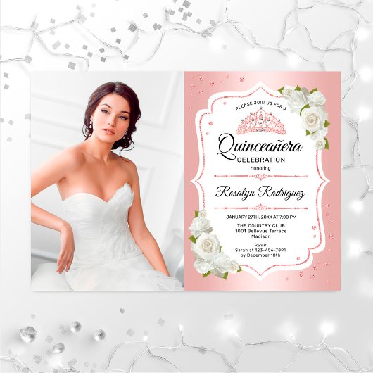 キンセアニェラパーティー写真付き – バラ金ゴールド白 招待状