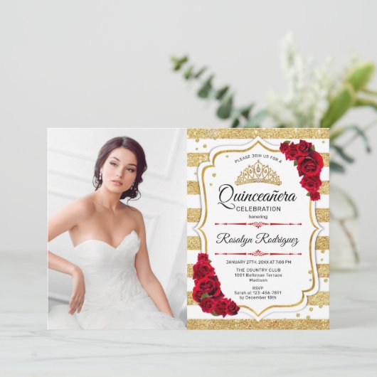 キンセアニェラパーティー写真 – 金ゴールド白ストライプ色 招待状 (スタンド正面)