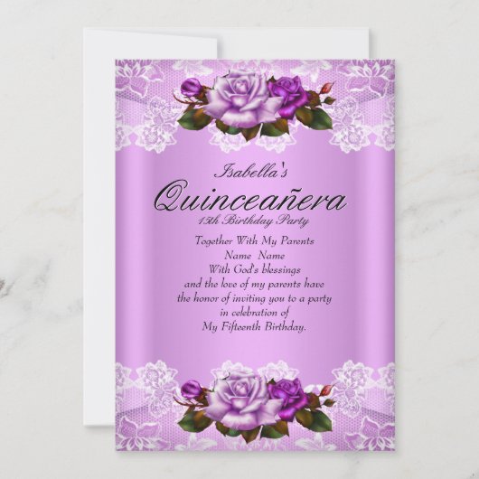キンセアニェラパーティー薄紫パープルピンクローズレース 招待状 (正面)