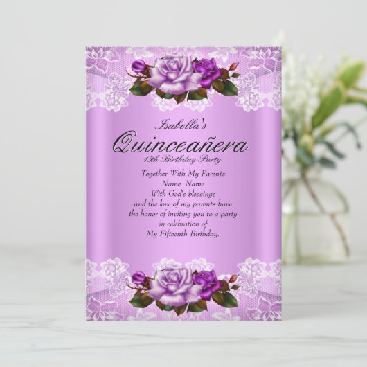 キンセアニェラパーティー薄紫パープルピンクローズレース 招待状 (スタンド正面)