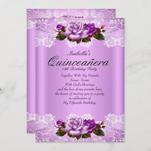 キンセアニェラパーティー薄紫パープルピンクローズレース 招待状 (正面/裏面)