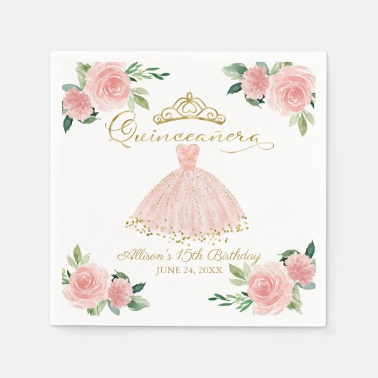 キンセアニェラパーティー赤面ガウンピンクフローラナプキンス スタンダードカクテルナプキン (正面)