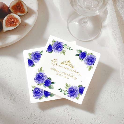 キンセアニェラパーティー金ゴールドティアラ王室のブルーフローラ スタンダードカクテルナプキン