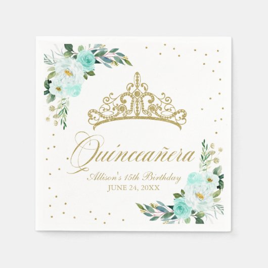 キンセアニェラパーティー金ゴールドティアラ赤面ティール(緑がかった色)フローラ スタンダードカクテルナプキン (正面)