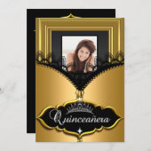キンセアニェラパーティー金ゴールドブラックレースガール写真 招待状 (正面/裏面)