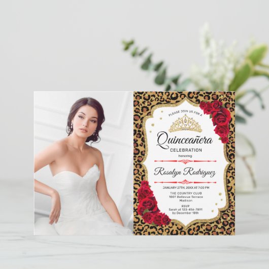 キンセアニェラパーティー – レオパード印刷赤白写真 招待状 (スタンド正面)