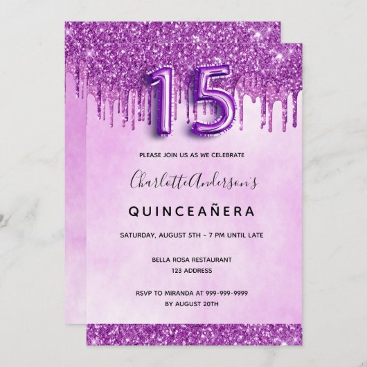 キンセアニェラパープルグリッターピンクエレガント 招待状 (正面/裏面)