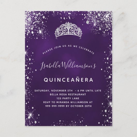 キンセアニェラパープルシルバーグリッターティアラ冠 インビテーションポストカード (正面)