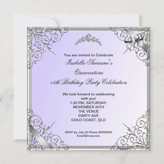 キンセアニェラパープルシルバーフォト15誕生日パーティー 招待状 (裏面)