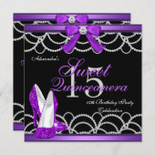 キンセアニェラパープルスウィート15パーティーグリッターブラック 招待状 (正面/裏面)