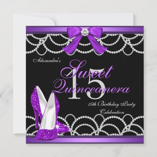 キンセアニェラパープルスウィート15パーティーグリッターブラック 招待状 (正面)