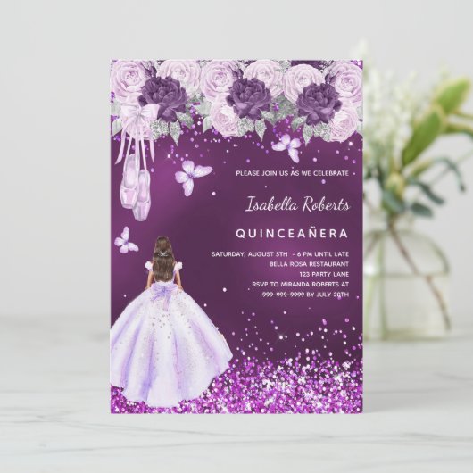 キンセアニェラパープルバレリーナドレス花模様 招待状 (スタンド正面)
