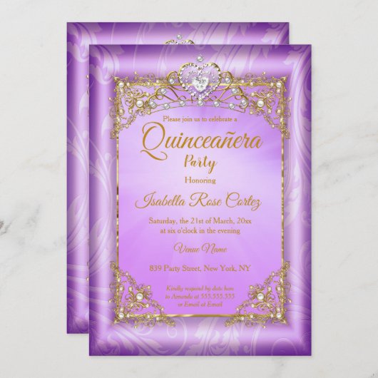 キンセアニェラパープルパール写真金ゴールドティアラパーティー 招待状 (正面/裏面)