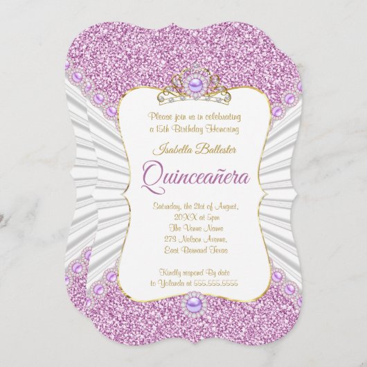 キンセアニェラパープルパール金ゴールドティアラ誕生日パーティー 招待状 (正面/裏面)