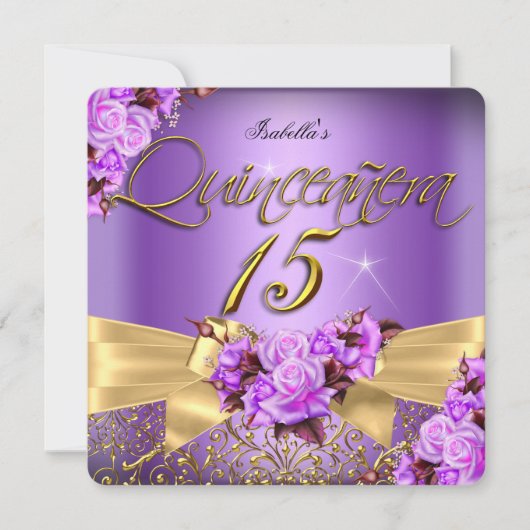 キンセアニェラパープルピンクローズ誕生日金ゴールドボウ 招待状 (正面)