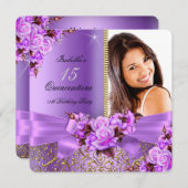 キンセアニェラパープルピンクローズ金ゴールド15誕生日 招待状 (正面/裏面)