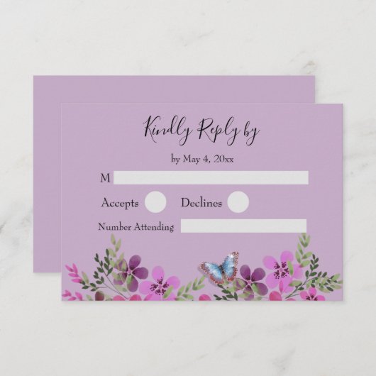 キンセアニェラパープルフローラバタフライRSVP返信 出欠カード (正面/裏面)