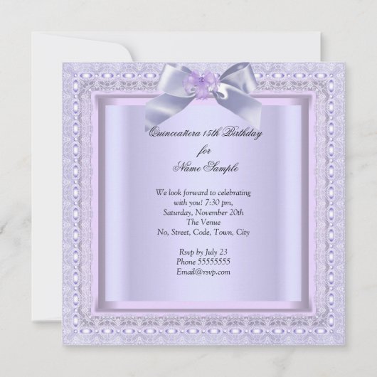 キンセアニェラパープルレースパーティー写真薄紫 招待状 (裏面)