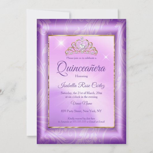 キンセアニェラパープル写真金ゴールドティアラパーティー 招待状 (正面)