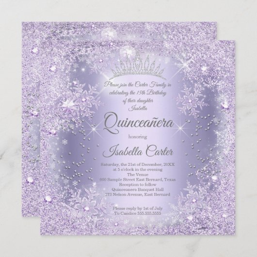 キンセアニェラパープル薄紫スノーフレークウィンターパーティー 招待状 (正面/裏面)