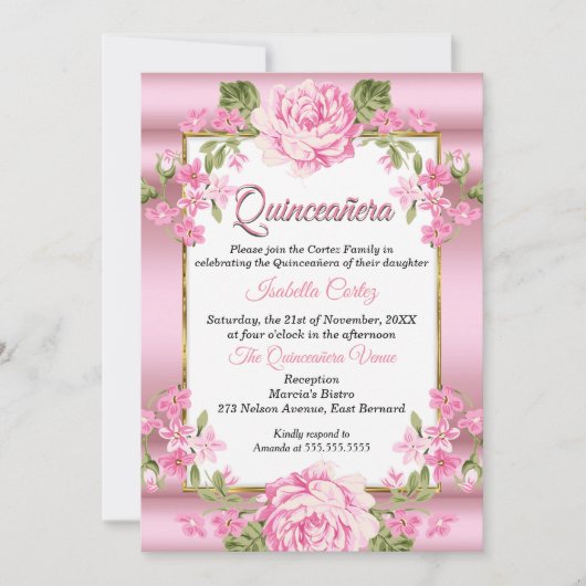 キンセアニェラピンクかわいらし国フローラ金ゴールド 招待状 (正面)