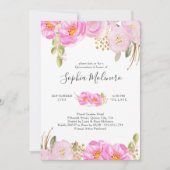 キンセアニェラピンクと金ゴールド水色フローラ 招待状 (正面)