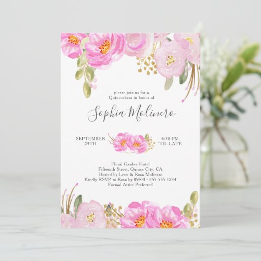 キンセアニェラピンクと金ゴールド水色フローラ 招待状 (スタンド正面)