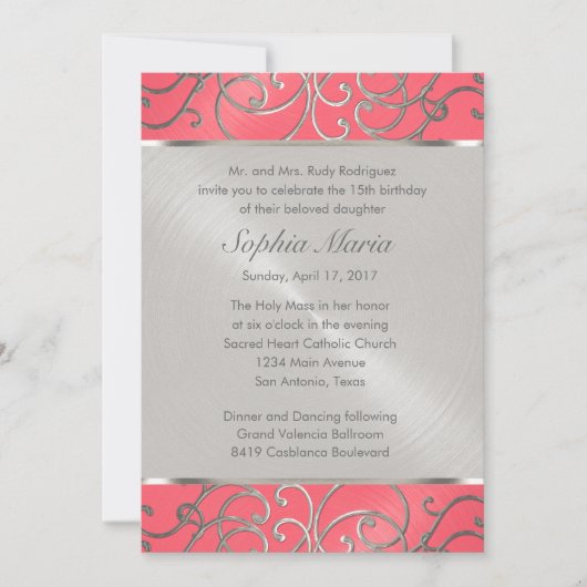 キンセアニェラピンクと銀のフィリグリーの渦巻き 招待状 (正面)