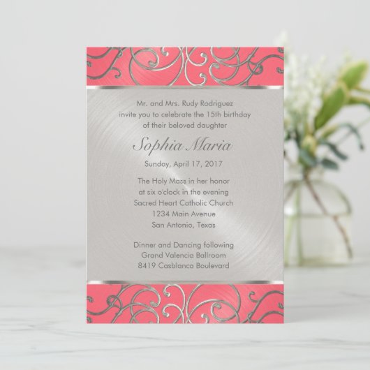 キンセアニェラピンクと銀のフィリグリーの渦巻き 招待状 (スタンド正面)