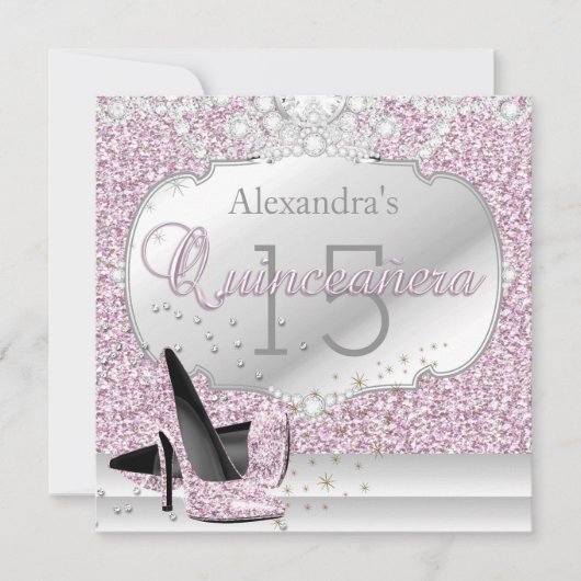 キンセアニェラピンクグリッターグラマー15バースデーパーティー 招待状 (正面)